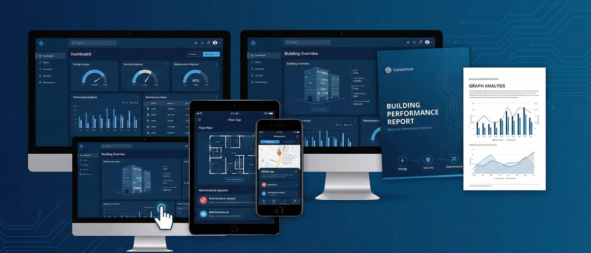BEMS building envelope management dashboard showing inspection tracking, asset management, and report generation interface
