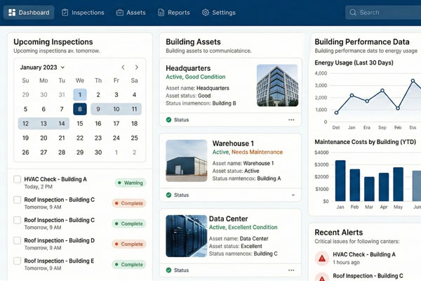 BEMS inspection tracking interface showing scheduled inspections, completed reports, and inspection templates