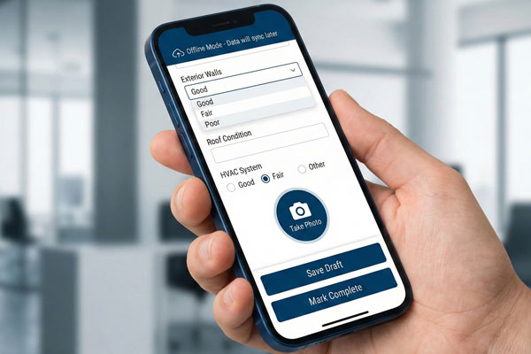 BEMS mobile app interface for field inspections with photo capture and offline mode